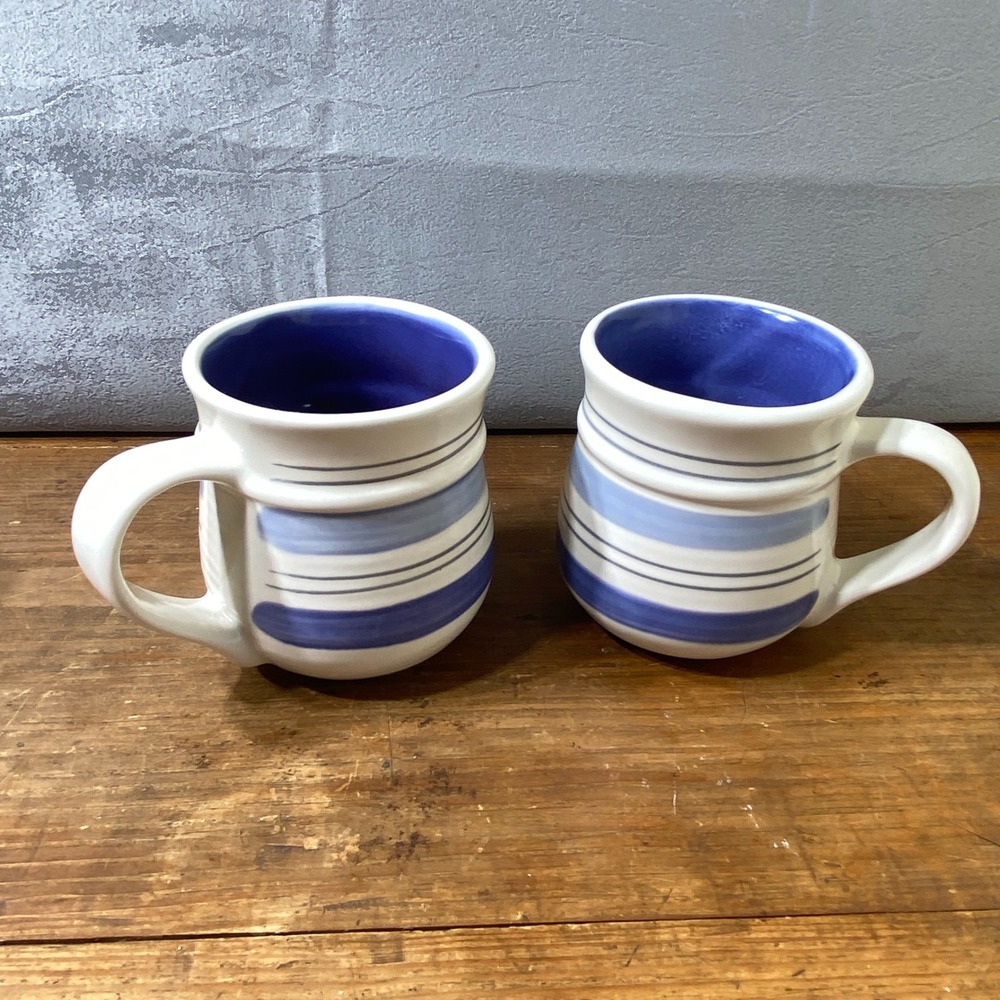 Pfaltzgraff Taos Mugs Set of 2 Blue Striped Stoneware Coffee Cups Mexico